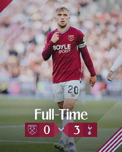 热刺3-0完胜西汉姆联 铁锤帮4轮狂丢11球 贝里瓦尔传射绍切克染红